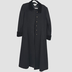 VTG Preston & York Womens 8 Black Long Wool Over Coat Velvet Trim Elegant Union